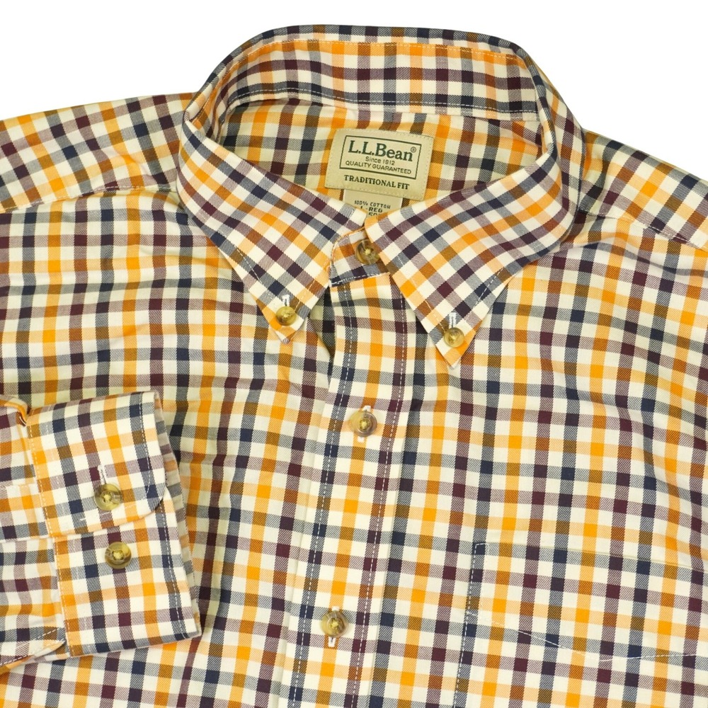 LL Bean Button Down Shirt Men Large Orange Plaid Traditional Fit Long Sleeve